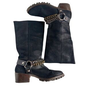 BCBGMaxAzria MidCalf Leather Motoboot in Black with Chain Details Women Size 8.0